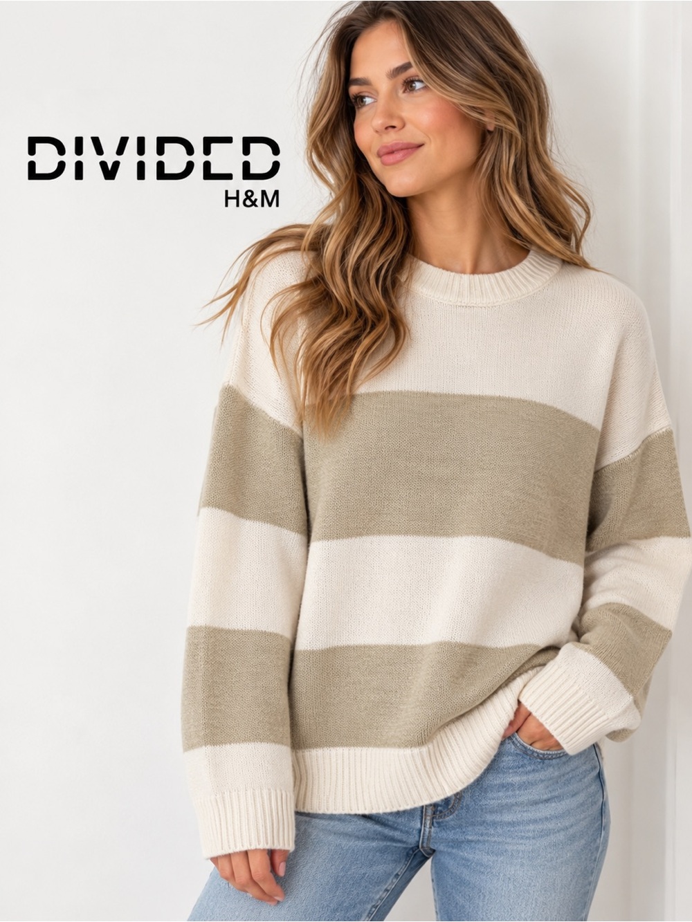H&M Divided Striped Knit Pullover Sweater Cream Tan Size S